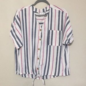 Linen striped top with tie front